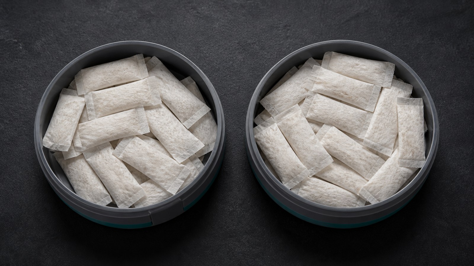 Top-down comparison of realistic slim pouches in two original low-profile round cans