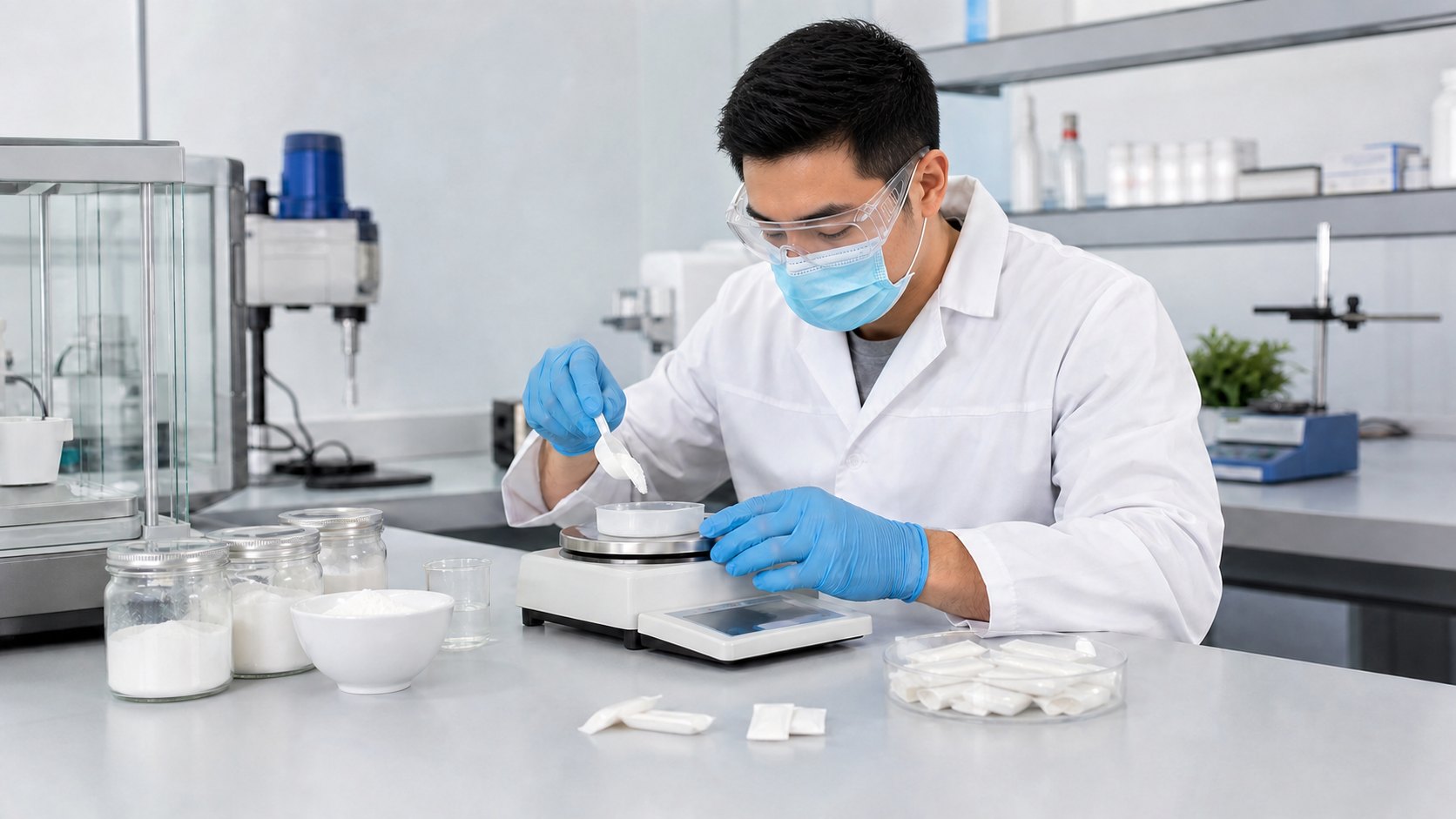 Asian laboratory technician developing nootropic pouch flavors