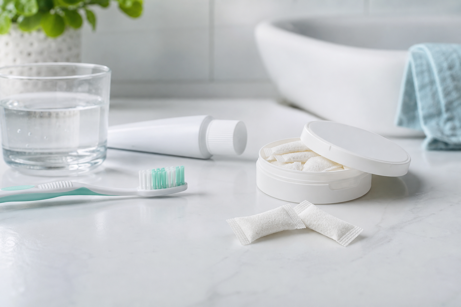 Toothbrush, water and realistic slim nootropic pouches in a modern round oral-pouch can