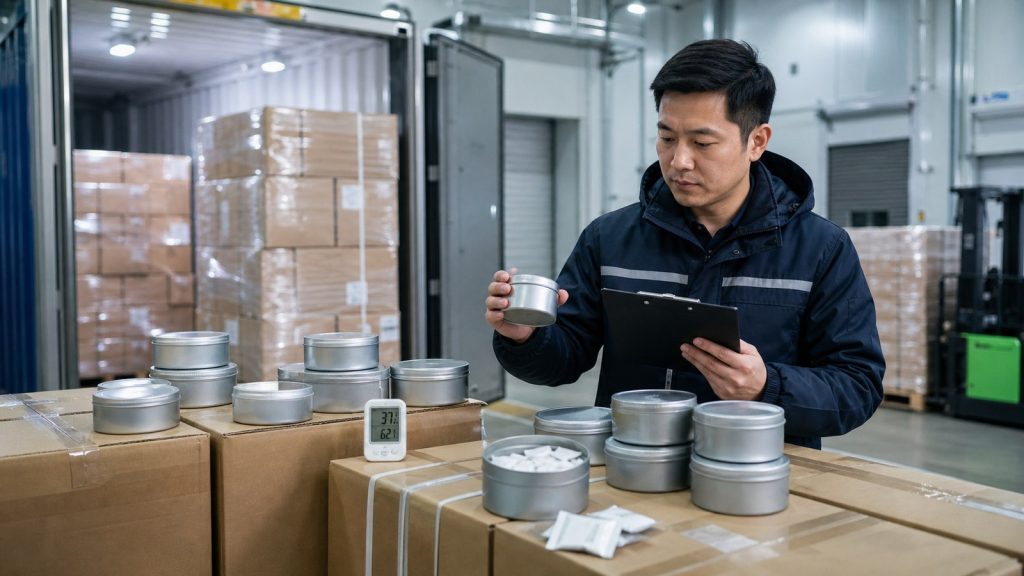Asian logistics specialist inspecting bulk nootropic pouch shipment and storage conditions
