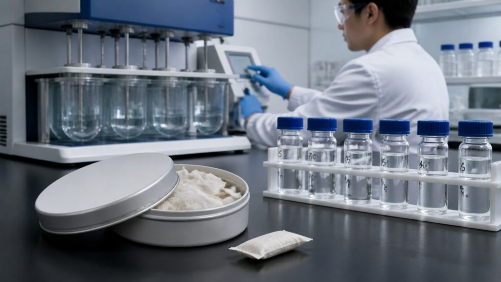 Asian scientist conducting in-vitro caffeine release testing on a realistic slim oral pouch