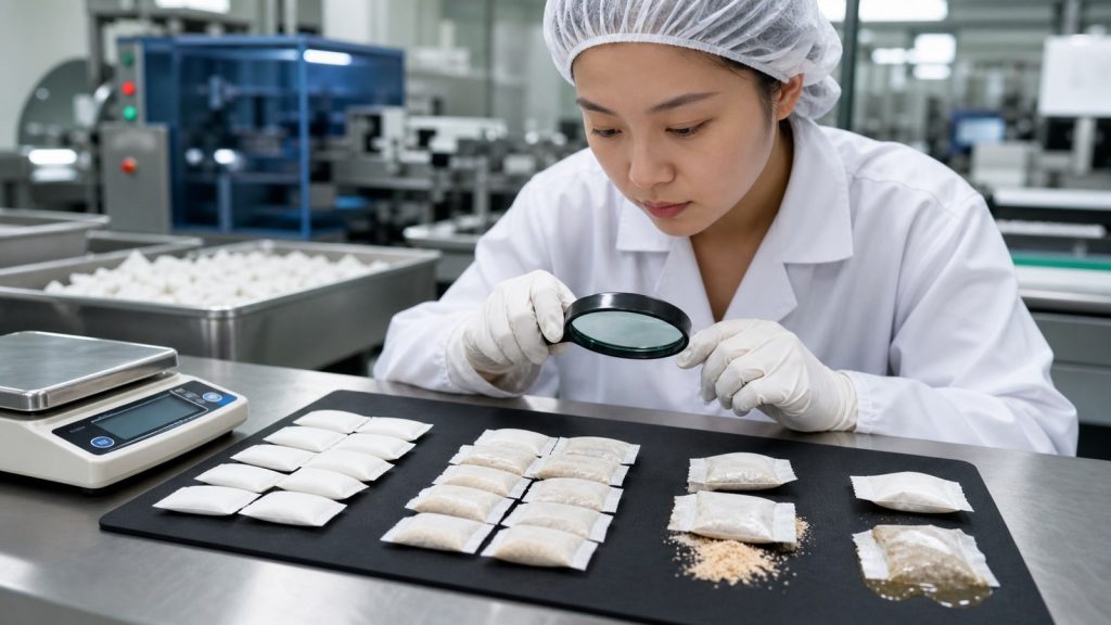 Asian quality technician inspecting common nootropic pouch manufacturing defects
