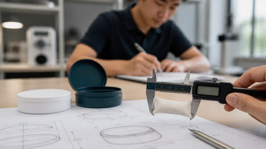 Packaging engineer measuring a realistic slim pouch and low-profile round can with calipers