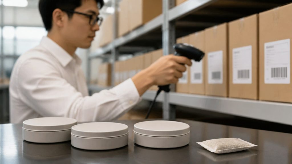 Asian packaging specialist scanning barcodes beside original low-profile round cans