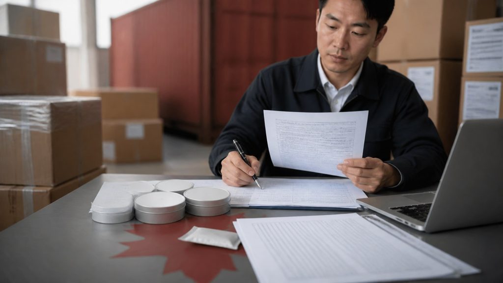 Asian importer reviewing Canadian documentation beside original nicotine-free pouch cans