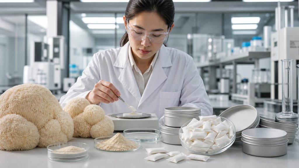 Asian scientist developing lion’s mane mushroom nootropic pouches for wholesale