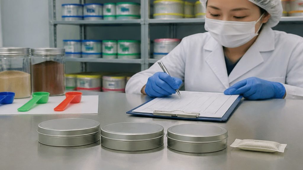 Asian quality specialist checking segregated ingredients and original low-profile pouch cans
