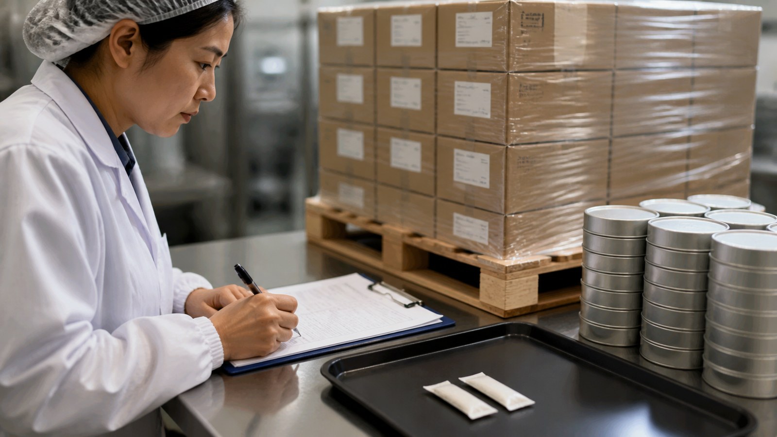 Asian quality manager checking batch traceability beside realistic slim pouches and original cans