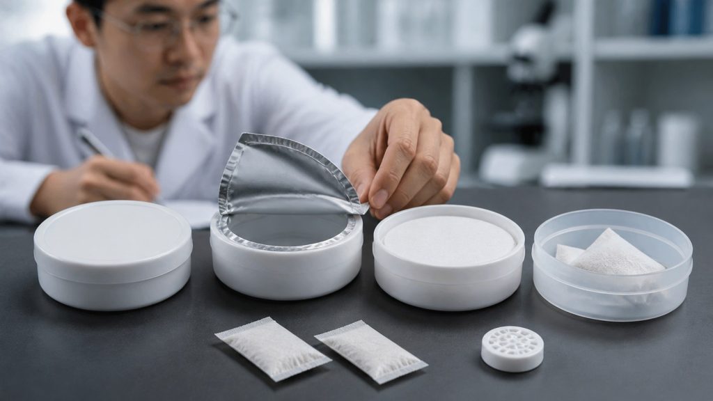 Asian packaging engineer comparing induction seals and low-profile round pouch cans
