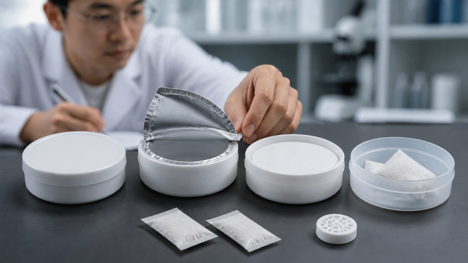 Asian packaging engineer comparing induction seals and low-profile round pouch cans