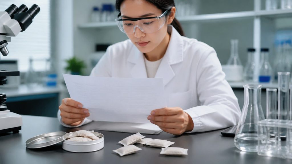 Asian quality scientist reviewing a nootropic pouch certificate of analysis beside slim pouch samples