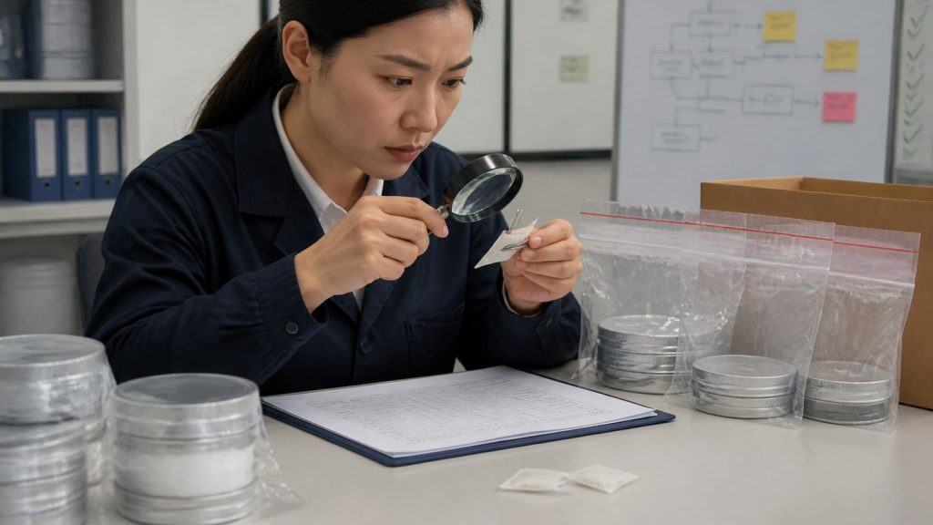 Asian quality manager investigating returned nootropic pouch cans and samples