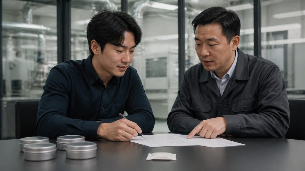 Asian brand owner and manufacturing manager reviewing an OEM agreement beside original round cans