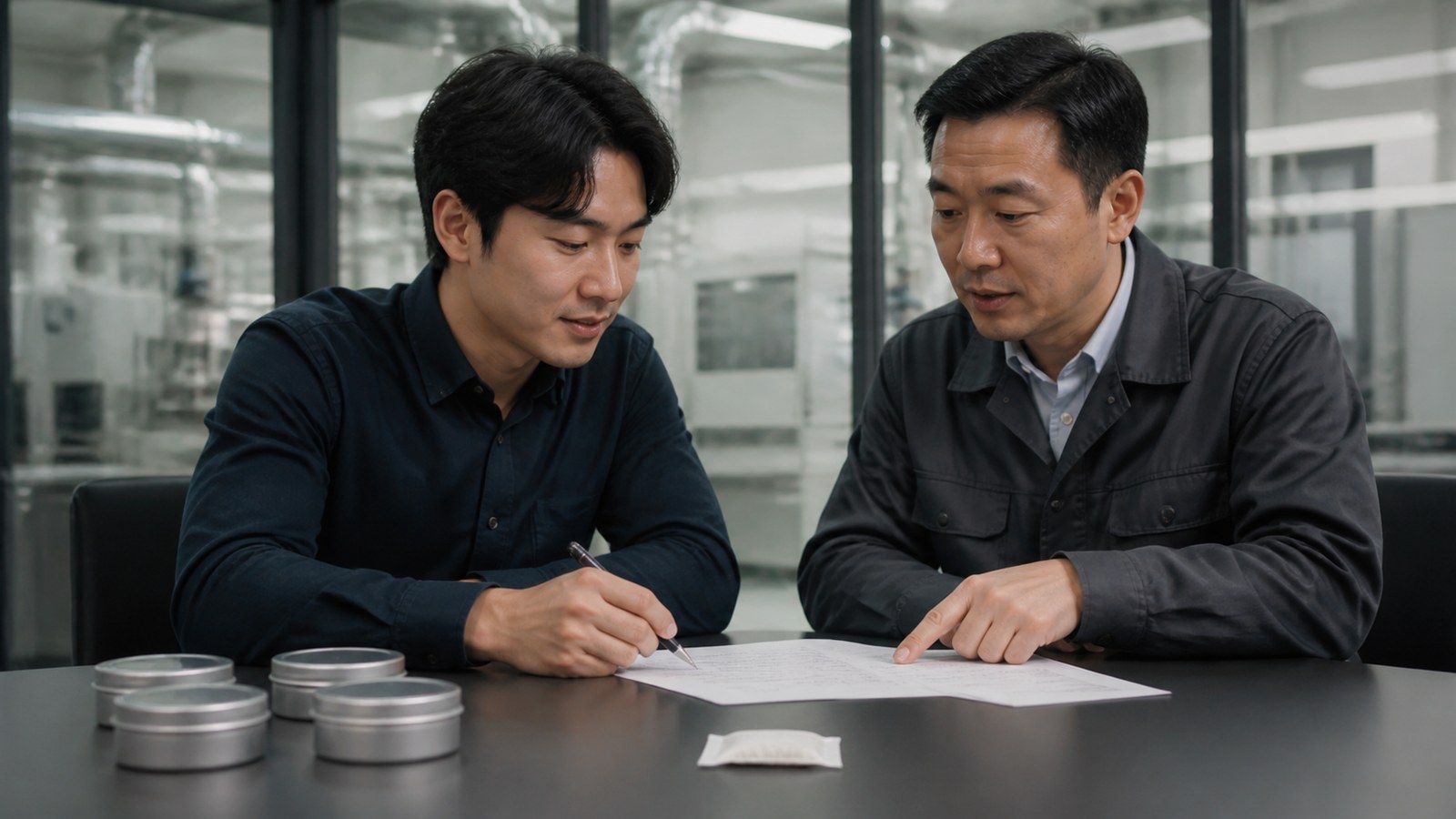 Asian brand owner and manufacturing manager reviewing an OEM agreement beside original round cans