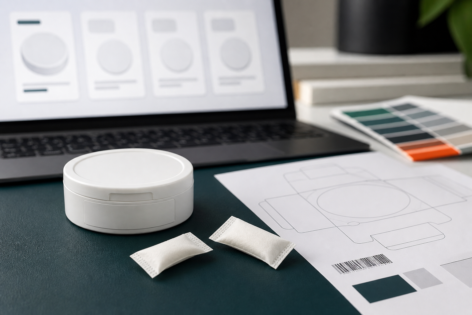 Ecommerce label review with realistic slim nootropic pouches and modern low-profile round can