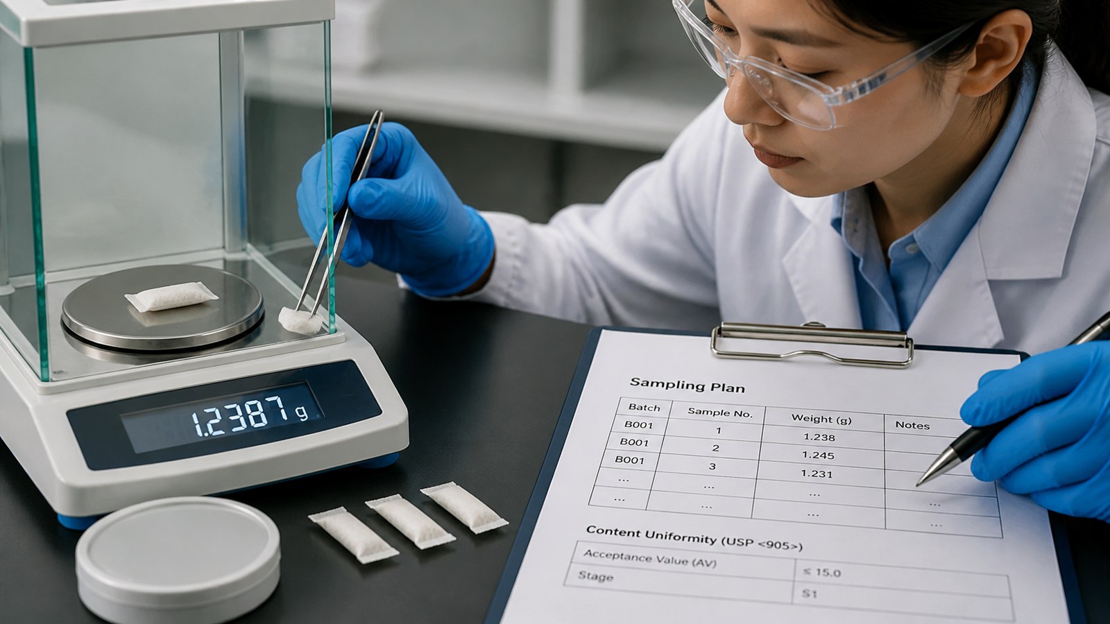 Asian quality technician weighing realistic slim nootropic oral pouches