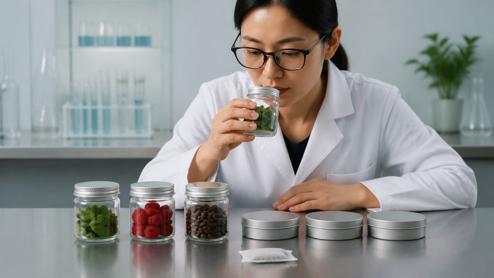 Asian quality scientist evaluating separated flavor samples beside original round cans