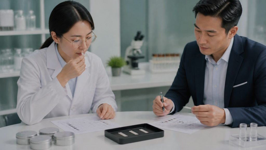 Asian flavor scientist and brand buyer approving realistic slim pouch samples