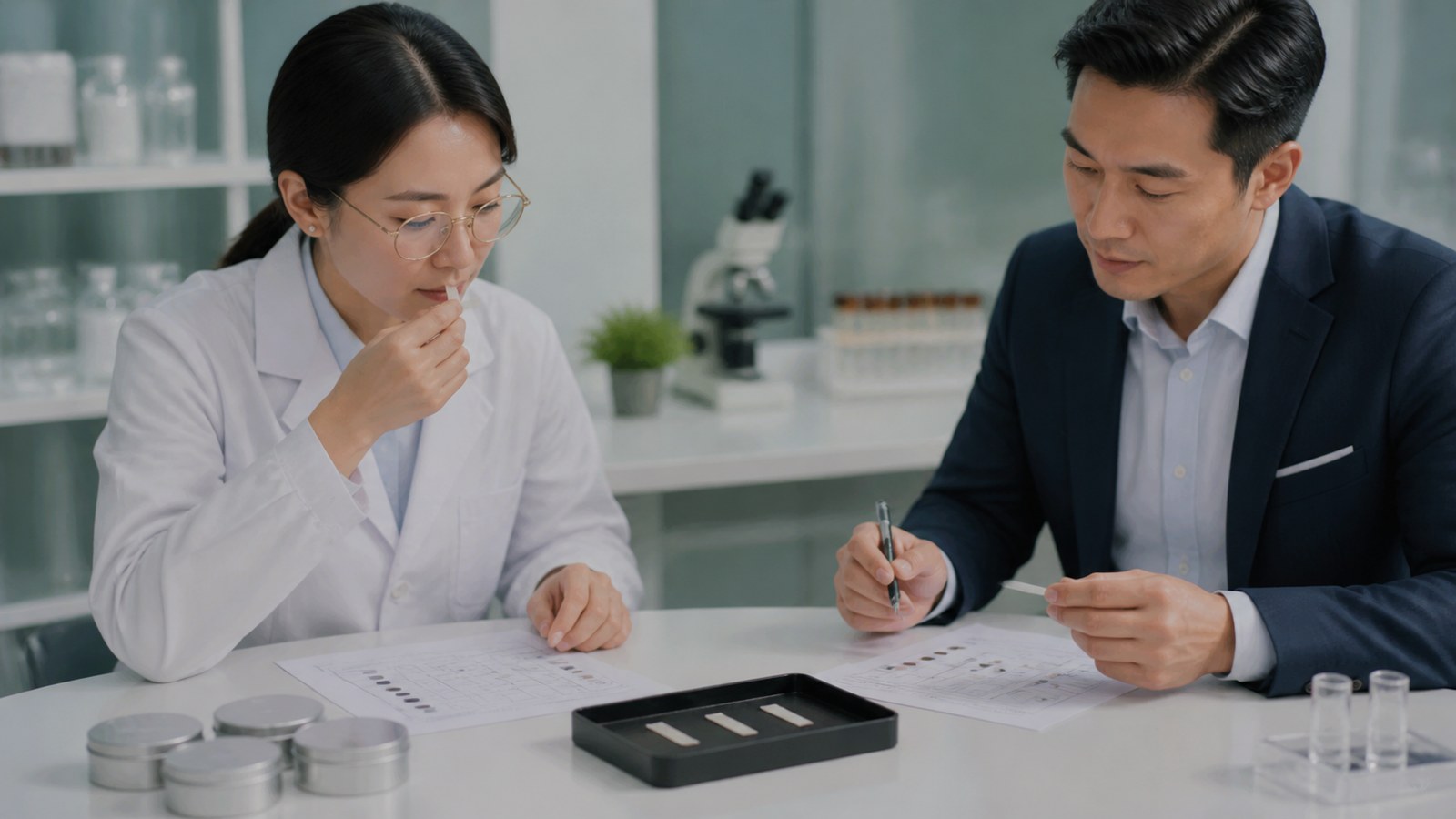 Asian flavor scientist and brand buyer approving realistic slim pouch samples