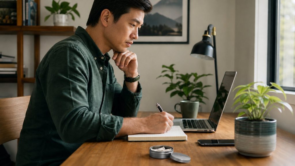 asian professional using nicotine-free focus pouches