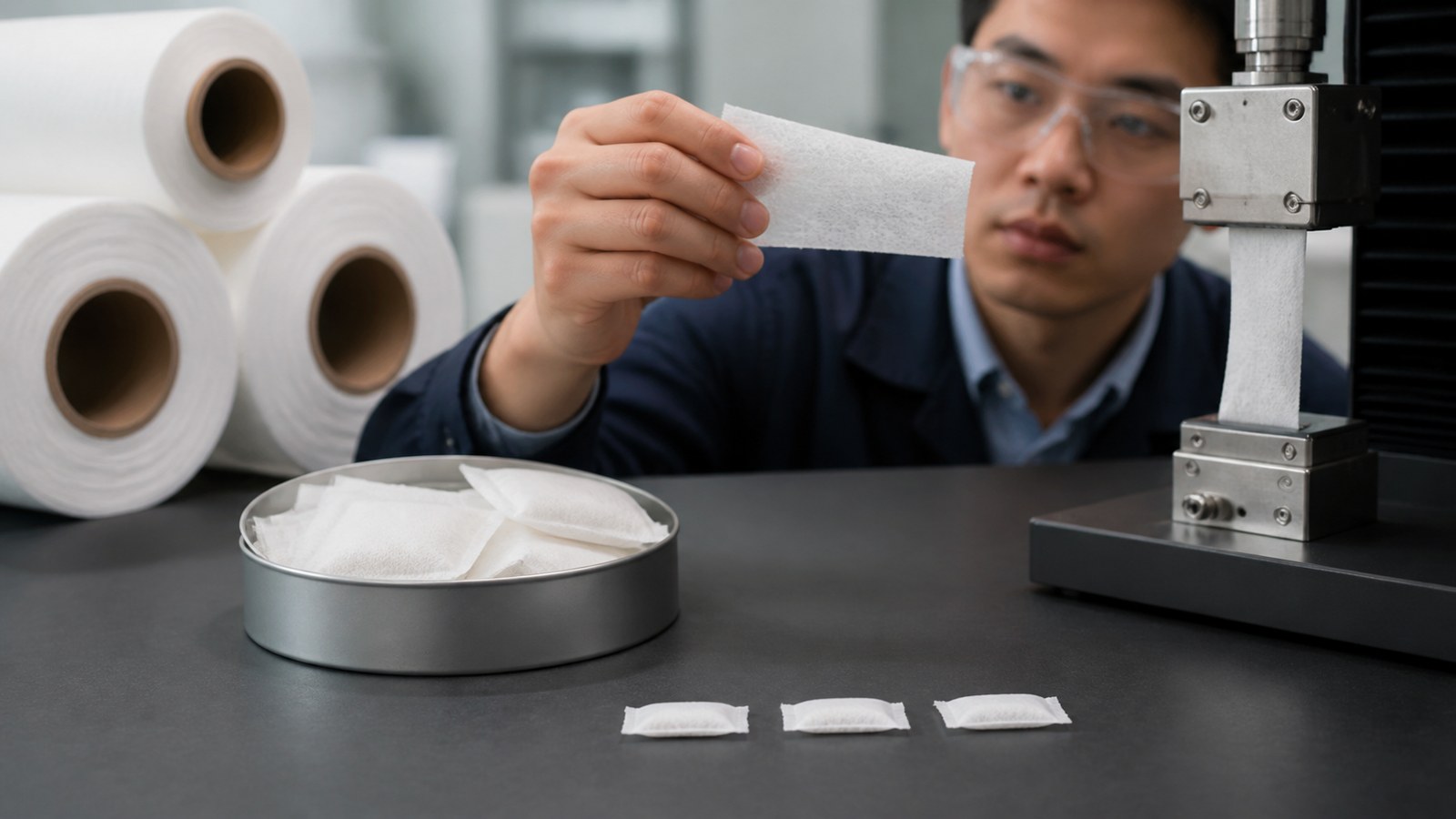 Asian engineer testing pouch-grade nonwoven fabric and realistic slim oral pouches