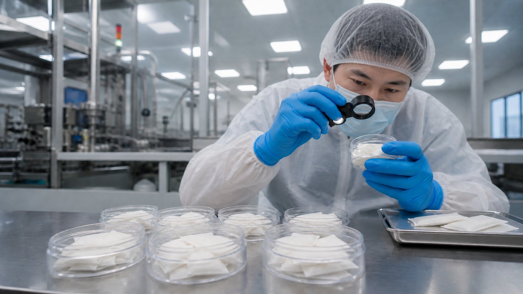 Asian quality control technician inspecting nootropic pouches