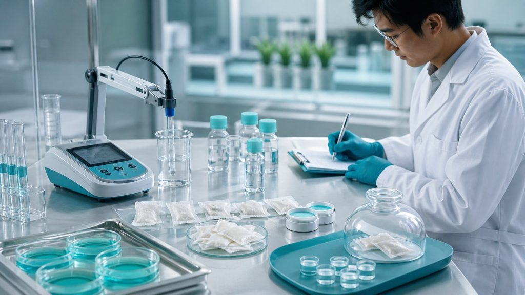 Asian laboratory scientist measuring pH and oral comfort variables in nootropic pouches