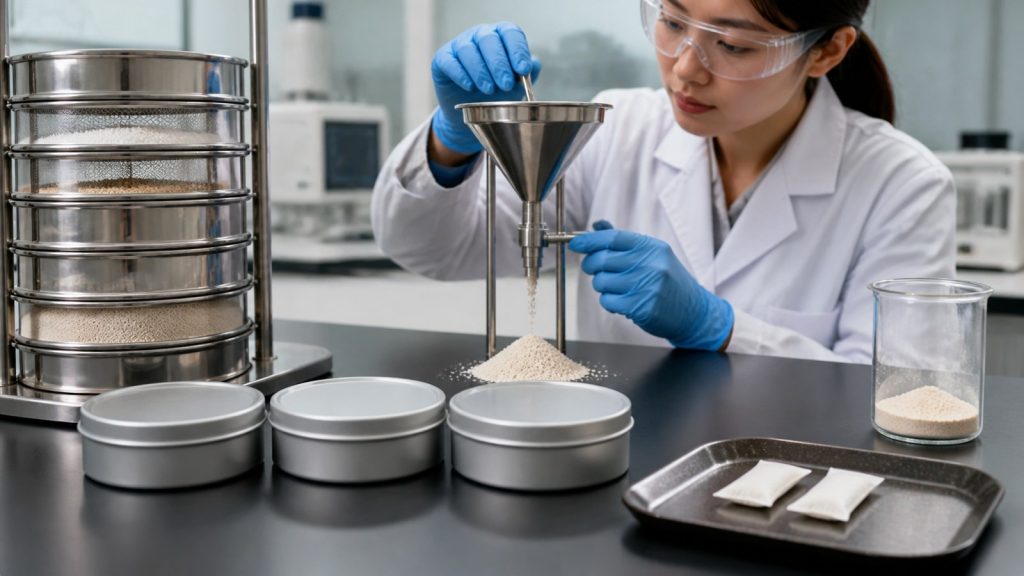 Asian scientist testing powder flowability beside realistic slim oral pouches and low-profile cans