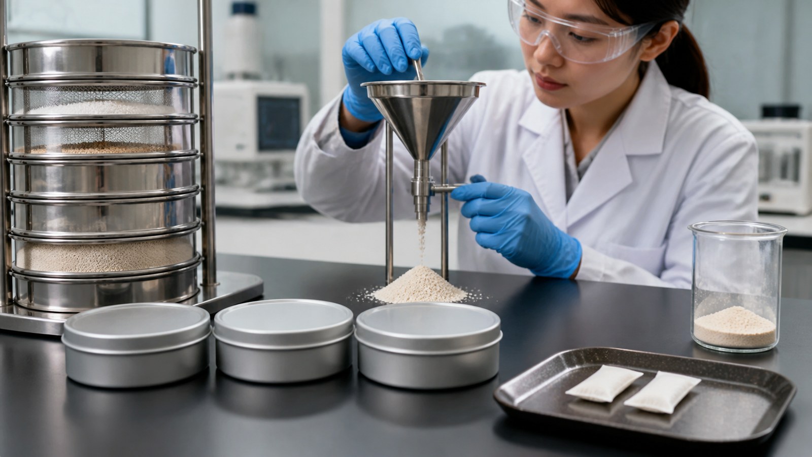 Asian scientist testing powder flowability beside realistic slim oral pouches and low-profile cans