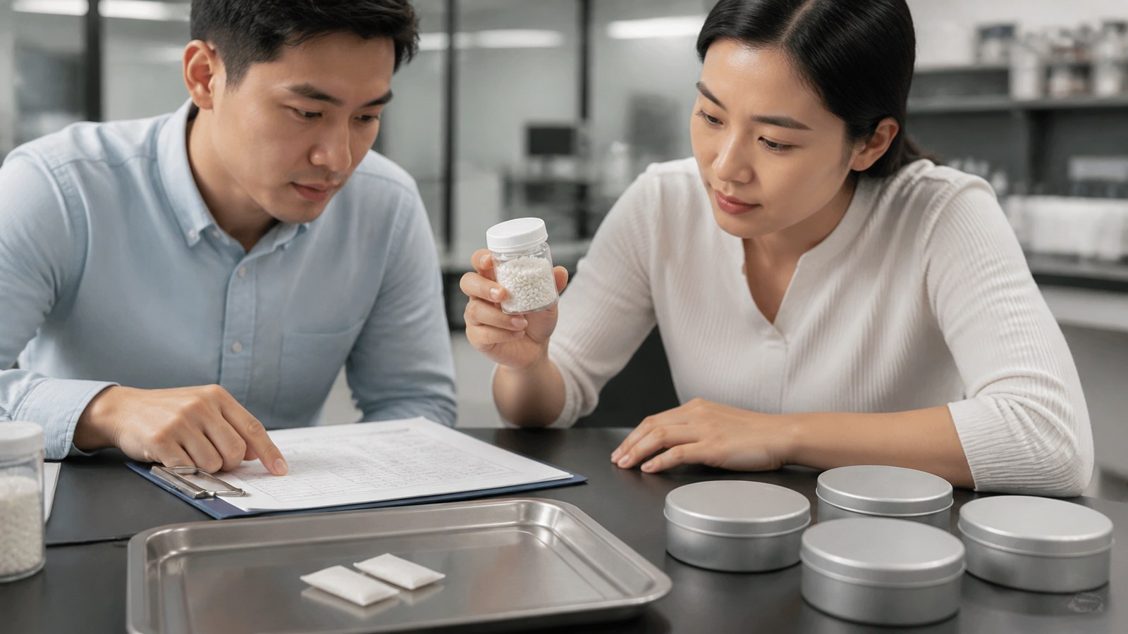 Asian procurement and quality specialists comparing raw-material lots beside original pouch cans