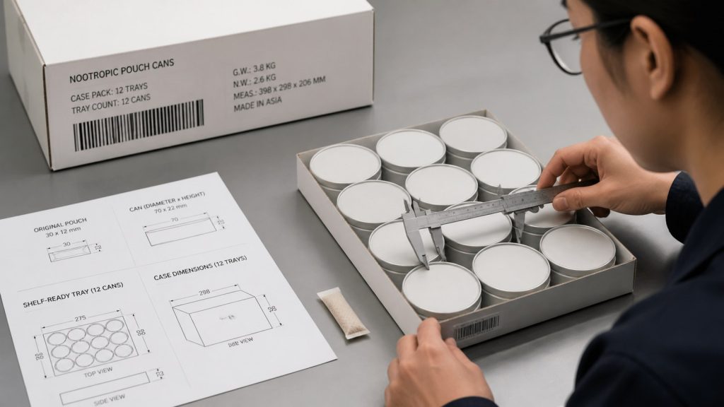 Asian packaging engineer measuring a shelf-ready case of low-profile pouch cans