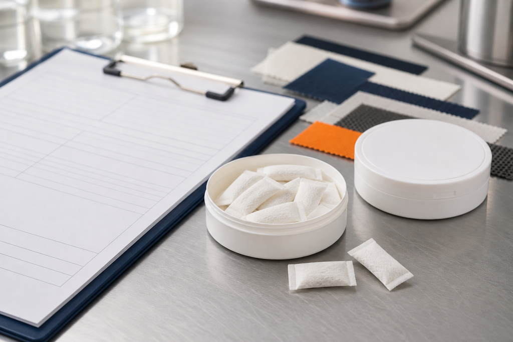 Nootropic pouch sample RFQ with realistic slim pouches and low-profile round sample cans