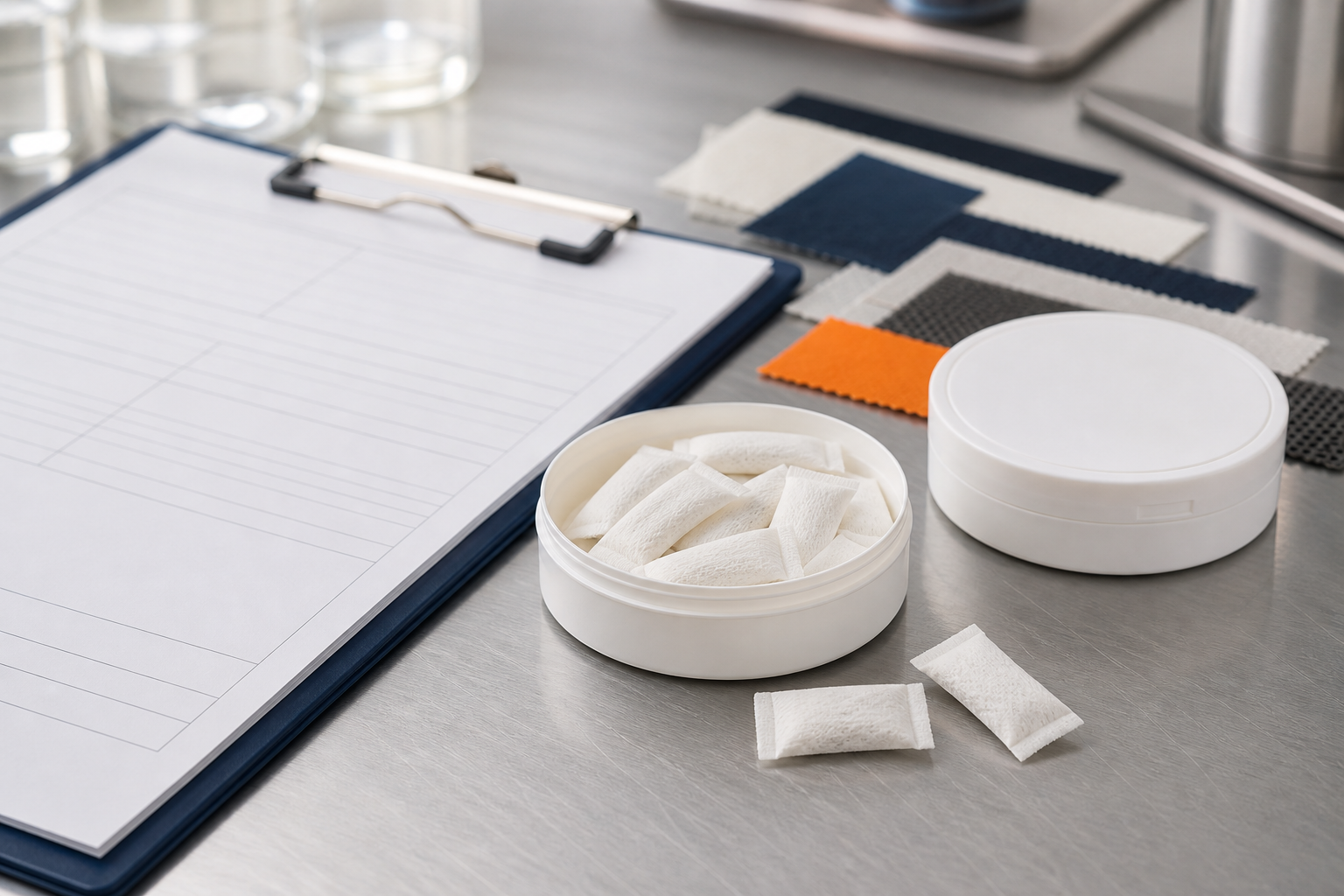 Nootropic pouch sample RFQ with realistic slim pouches and low-profile round sample cans