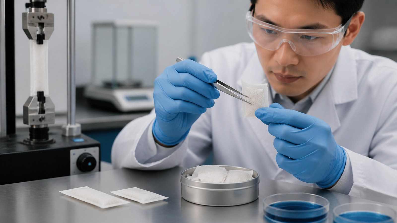 Asian technician testing heat-sealed seams on realistic slim oral pouches
