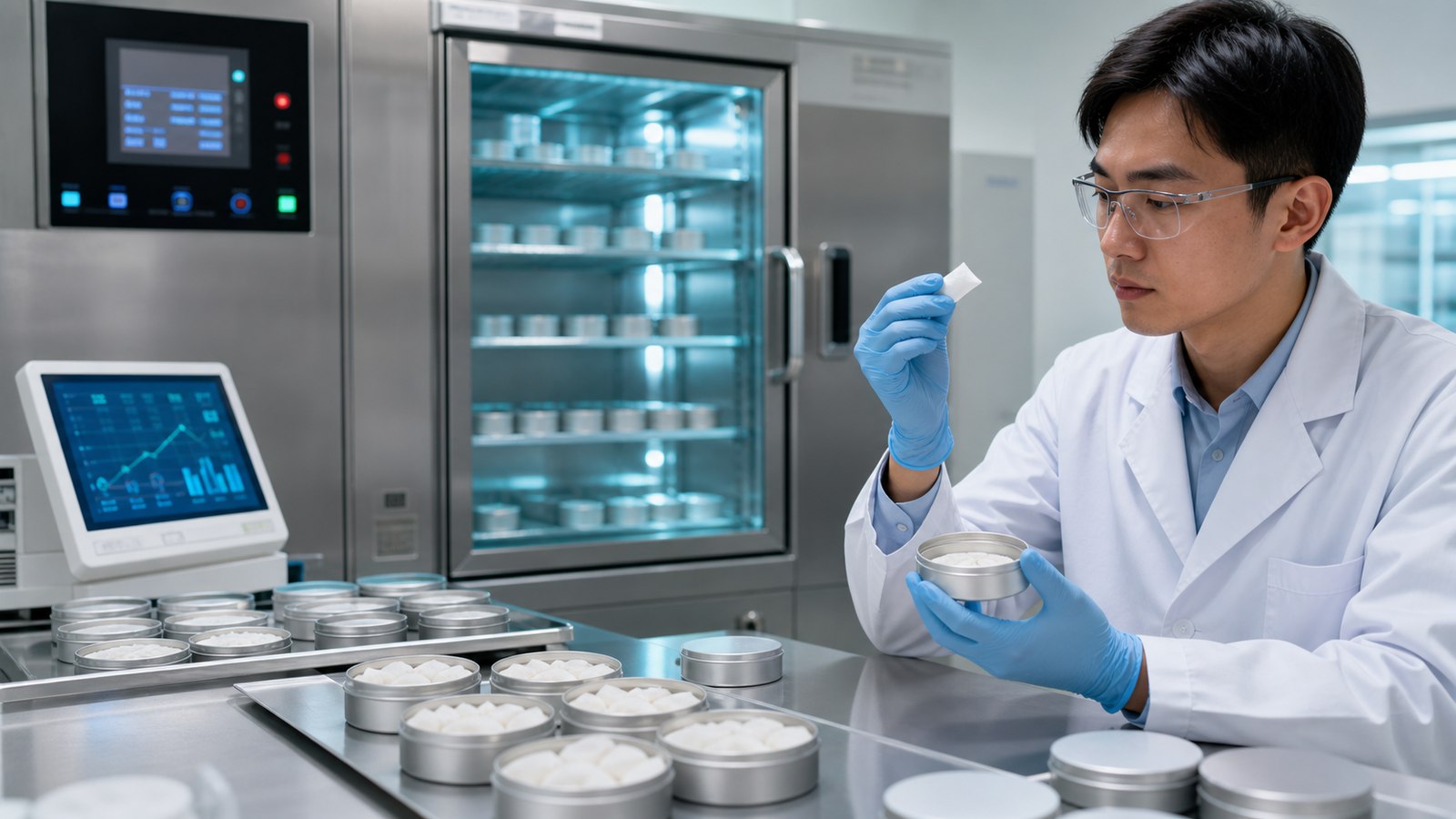 Asian quality specialist conducting nootropic pouch shelf life stability testing