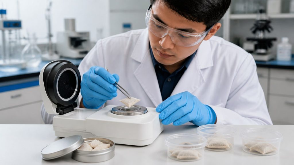 Asian laboratory technician measuring water activity of realistic slim oral pouches