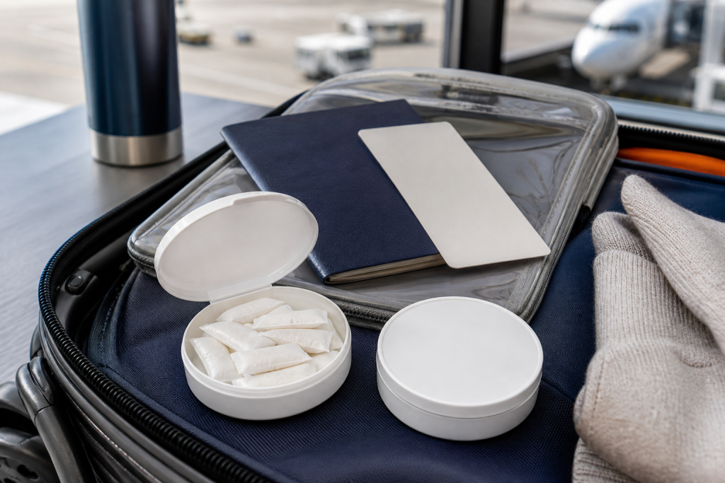 Realistic slim nootropic pouches and low-profile round cans packed with generic airport travel documents