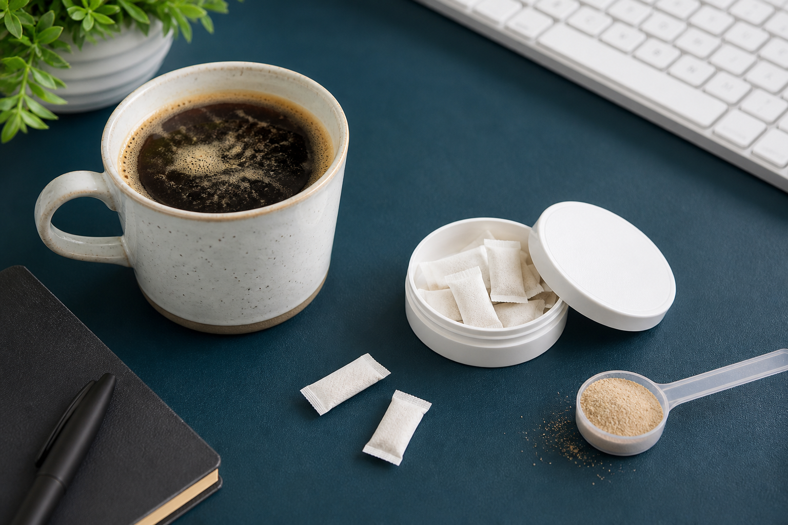 Coffee beside realistic slim nootropic pouches and low-profile round can for caffeine stacking guide