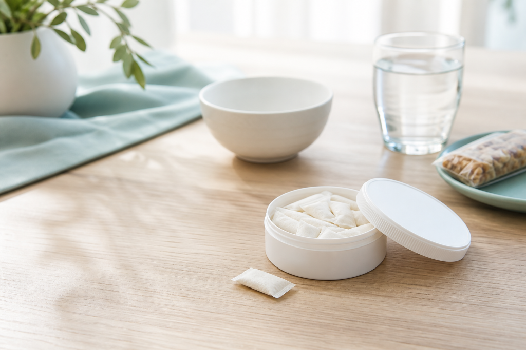 Realistic slim nootropic pouches and low-profile round can beside a light breakfast and water