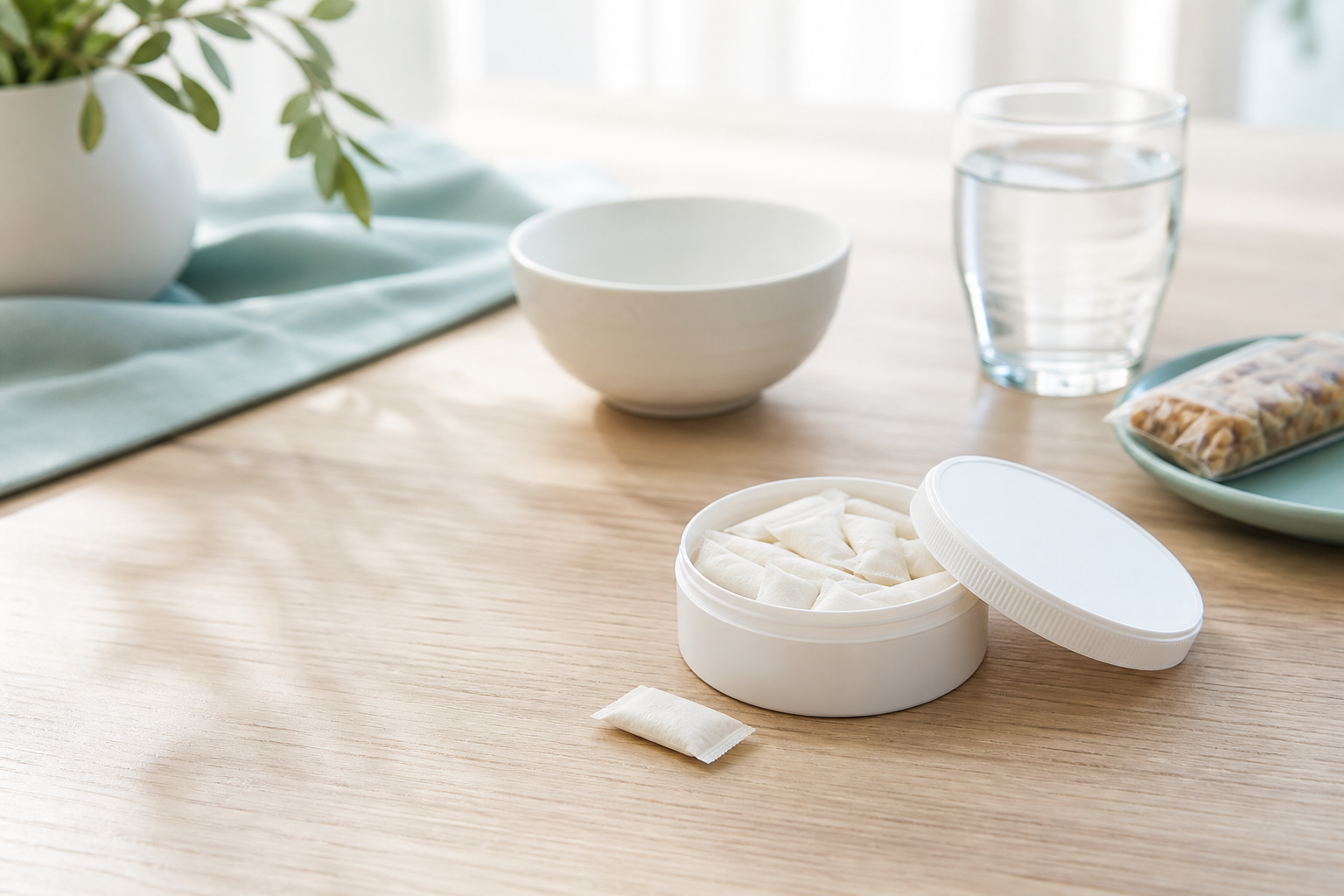Realistic slim nootropic pouches and low-profile round can beside a light breakfast and water