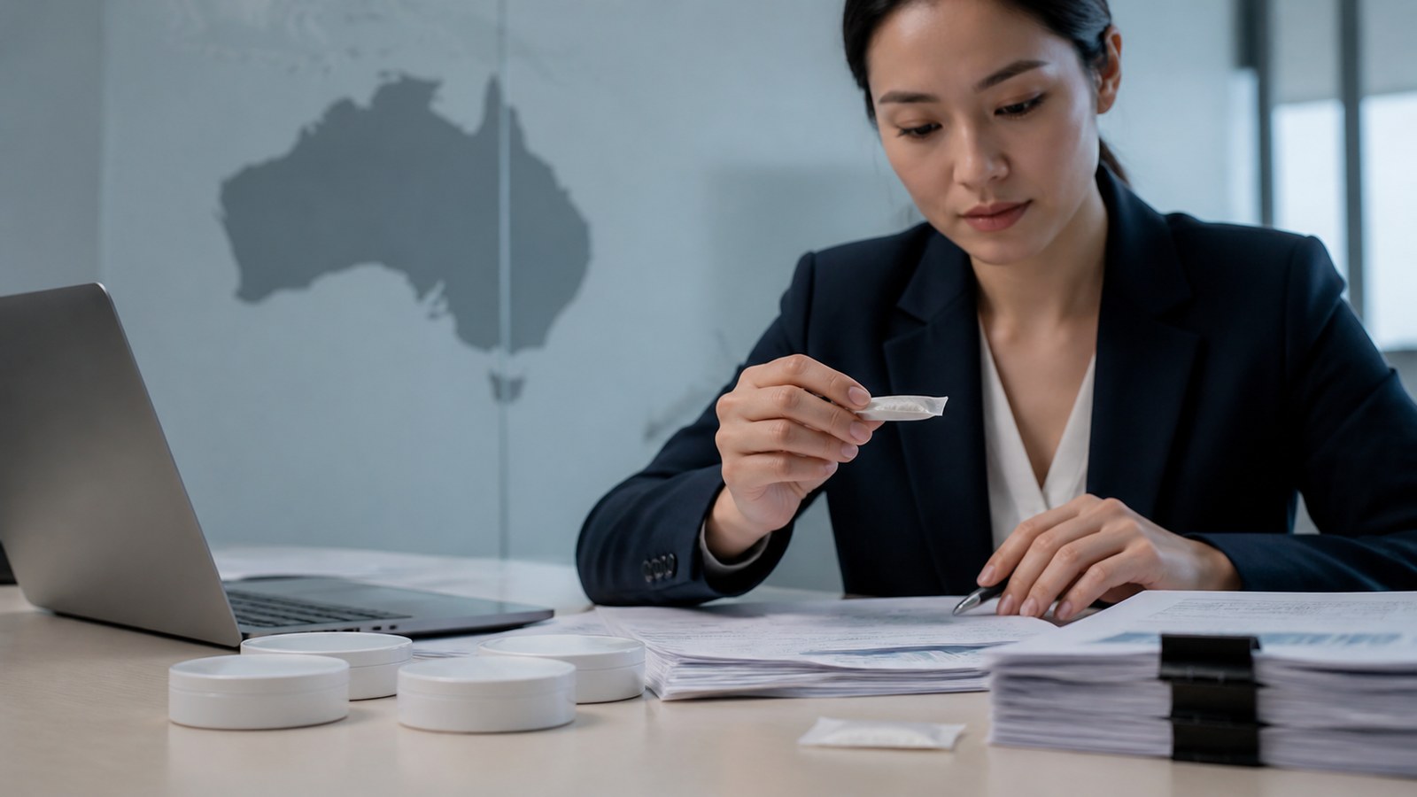 Asian regulatory specialist reviewing Australian requirements with realistic slim oral pouch