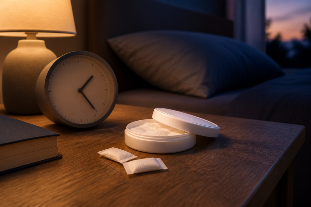 Realistic nootropic pouches and low-profile can on bedside table for sleep safety guidance