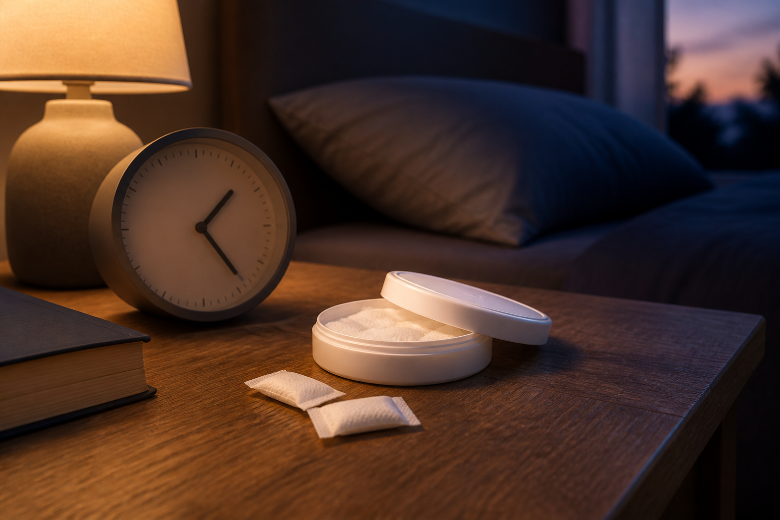 Realistic nootropic pouches and low-profile can on bedside table for sleep safety guidance