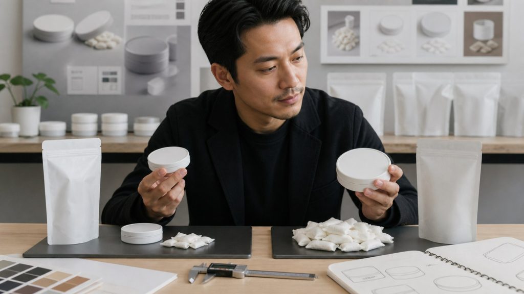 Asian product designer comparing slim mini and standard nootropic pouch sizes for wholesale