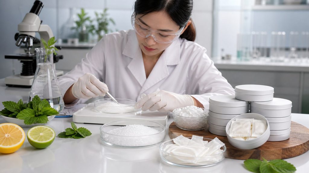 Asian scientist developing sugar-free nootropic pouches with xylitol and erythritol