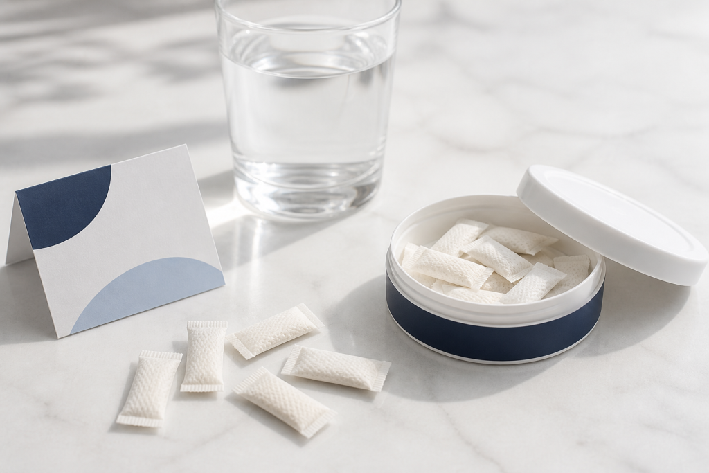 Glass of water with realistic slim nootropic pouches and modern round pouch can