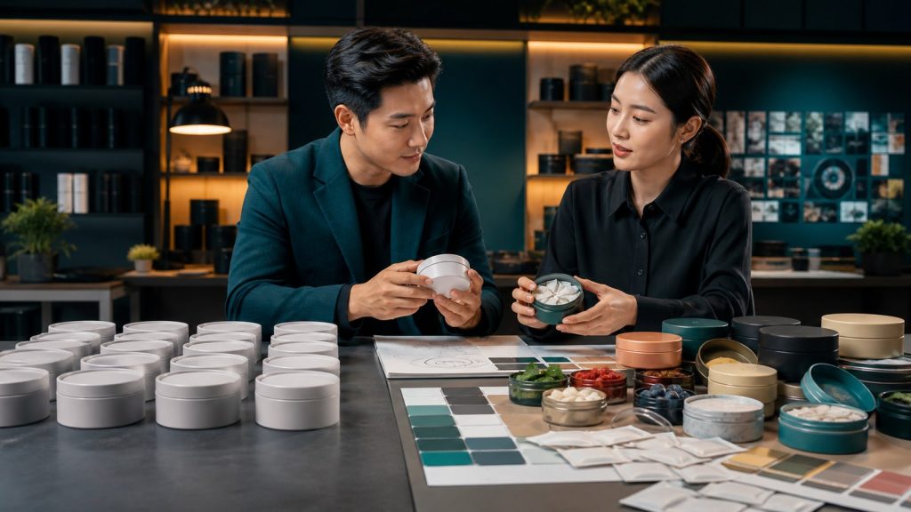 Asian brand team comparing white label and private label nootropic pouch packaging