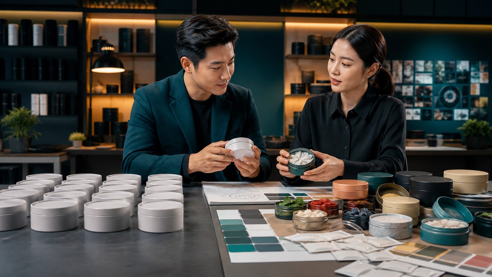 Asian brand team comparing white label and private label nootropic pouch packaging