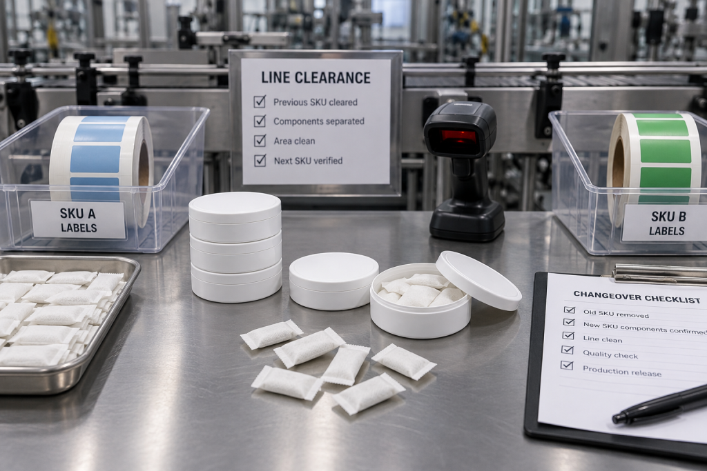 Packaging line clearance for nootropic pouch labels cans and SKU changeover