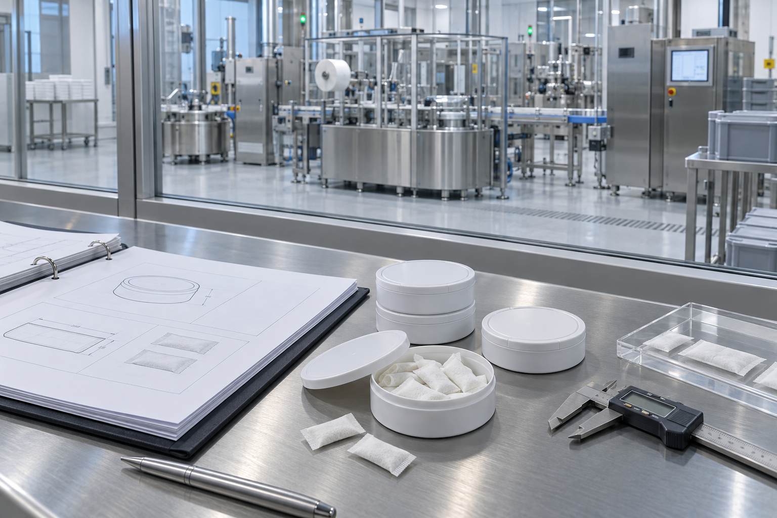 Nootropic pouch OEM factory audit desk with realistic cans and slim pouches